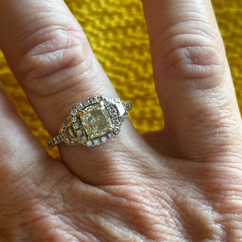 Canary diamond engagement ring. 1.2 k cushion cut yellow diamond